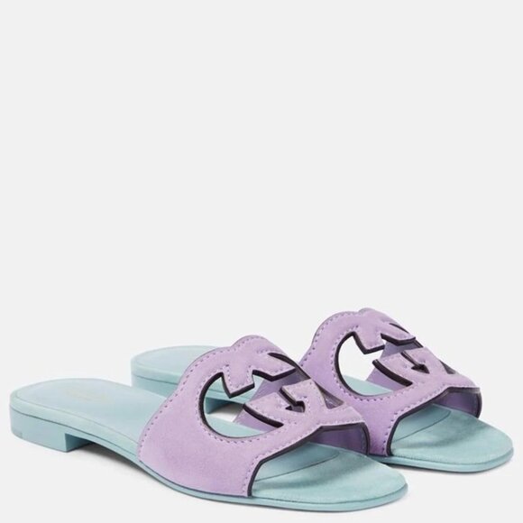 Gucci Interlocking G Suede Cutout GG Logo Slide Flat Sandal Shoes Size 38 - Picture 1 of 9